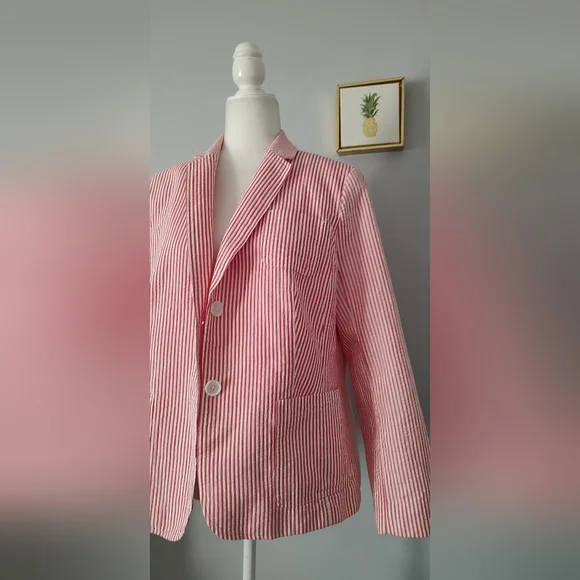 Talbot's Pinstripe Blazer Color White And Coral 2 Pockets Size 16 P Buttons New - Picture 6 of 9